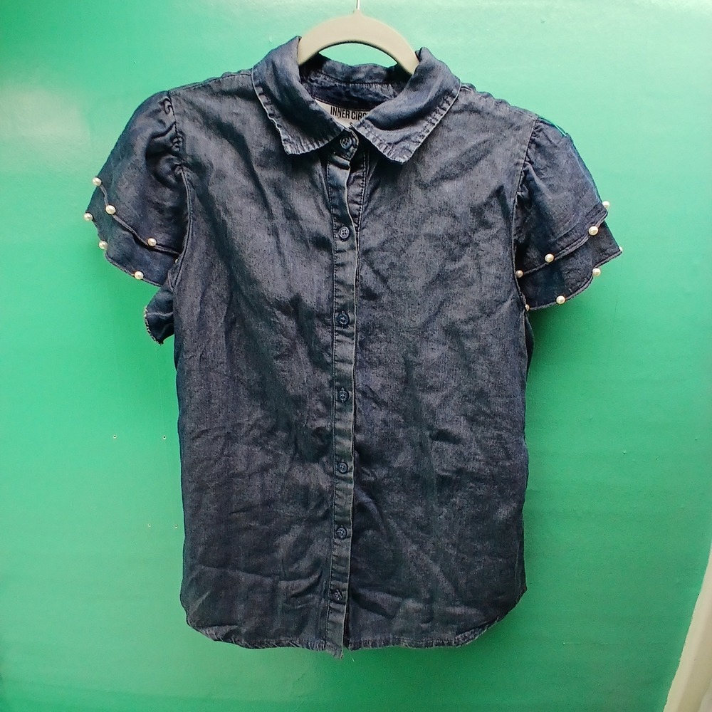 Inner Circle Denim Pearl Embellished Short Sleeve Button Up Shirt Top‎ Womens S